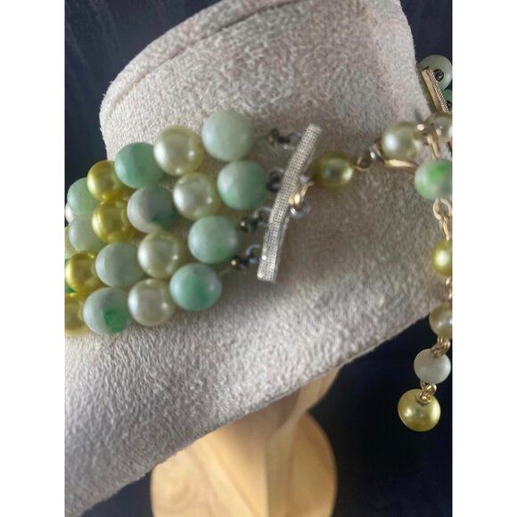 Vintage MCM 4 strands Beaded Necklace Multi-Strand Green Gold & Pearl-Like Beads - Picture 9 of 9